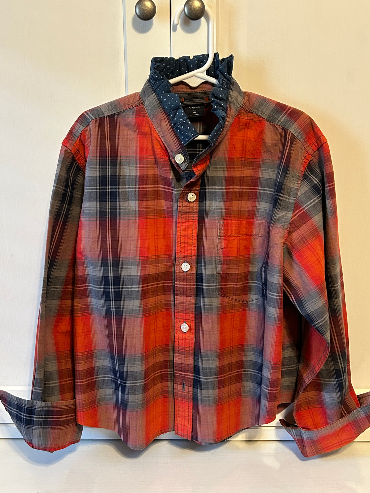 Little Girls Up-Cycled Gap Red Plaid Shirt with Denim Ruffled Collar. Size