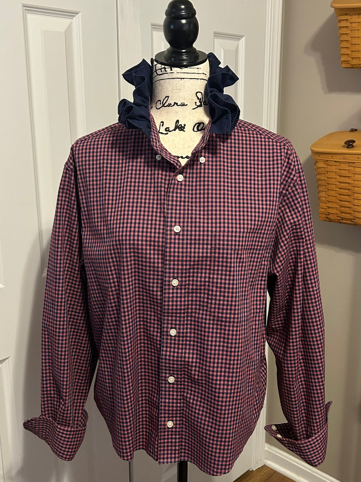 Ladies Up-Cycled Jos A Banks Red Plaid Shirt with Navy Ruffled Collar. Size M
