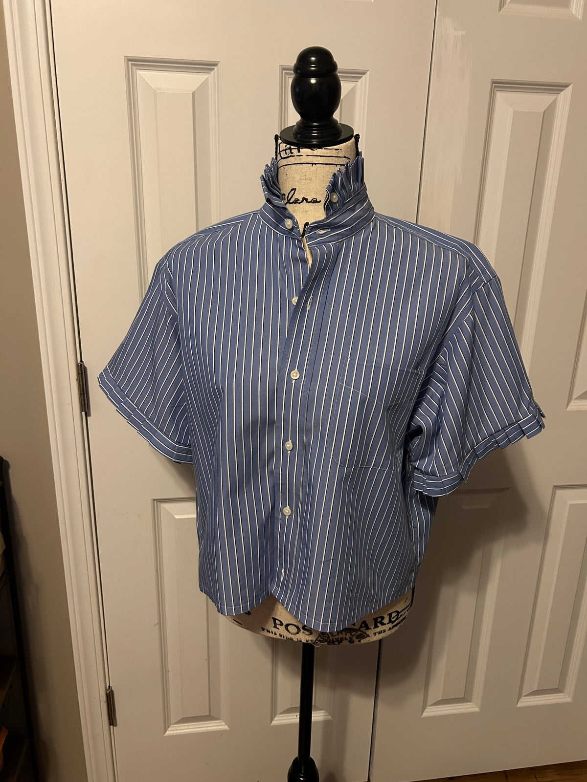Ladies Up-Cycled Ralph Lauren Shirt Red Blue and White Striped Shirt with a Pleated Collar. Size L