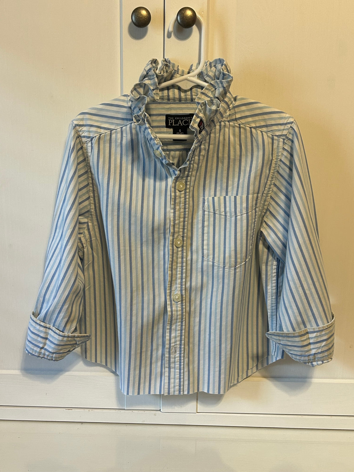Little Girls Up-Cycled Childrens Place Light Blue Stripped shirt with matching Ruffled collar. Size S