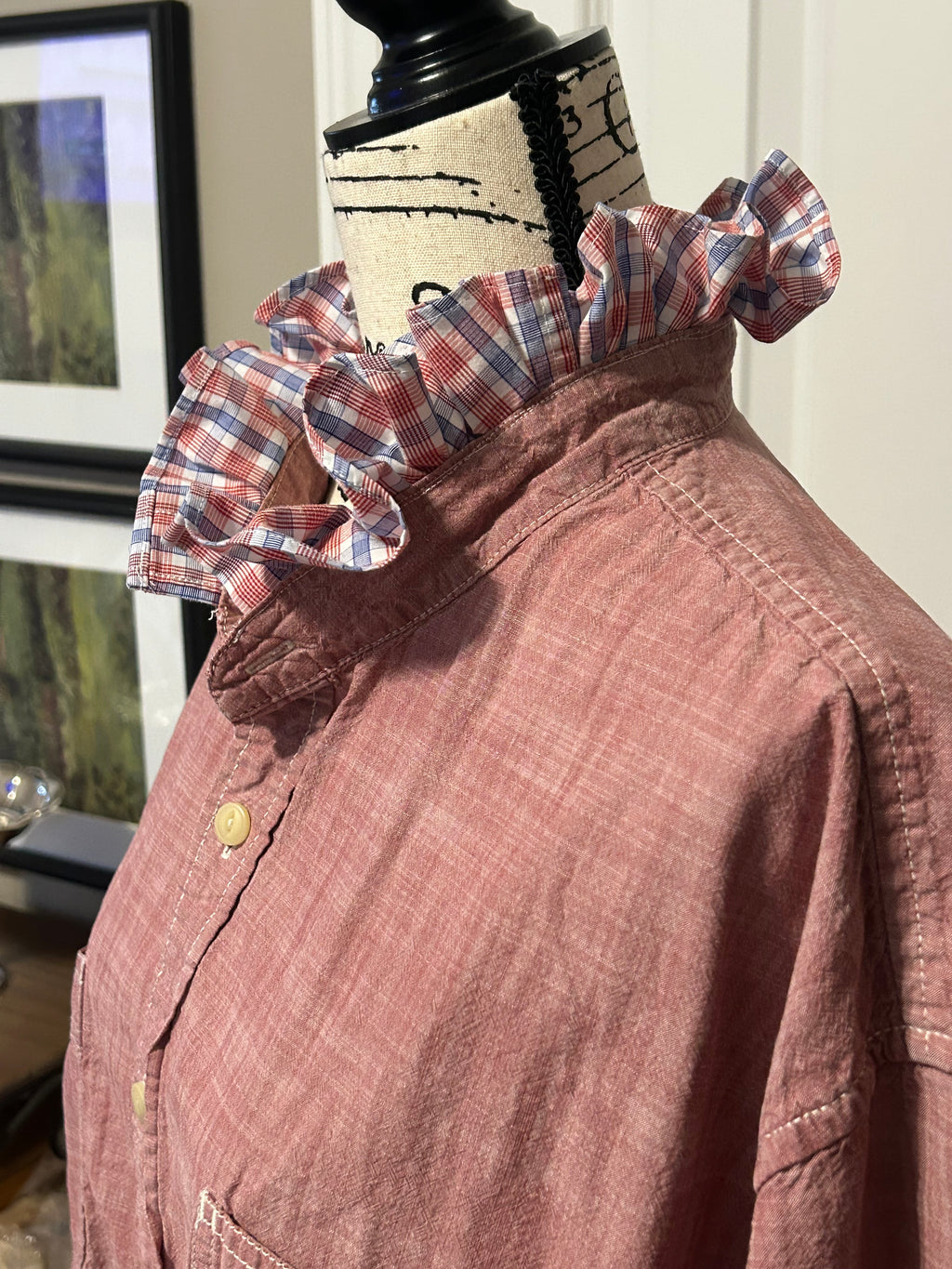 Ladies Up-Cycled Foundry Red Denim like material with a Ruffled Plaid Collar. Size XXL