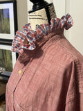 Ladies Up-Cycled Foundry Red Denim like material with a Ruffled Plaid Collar. Size XXL
