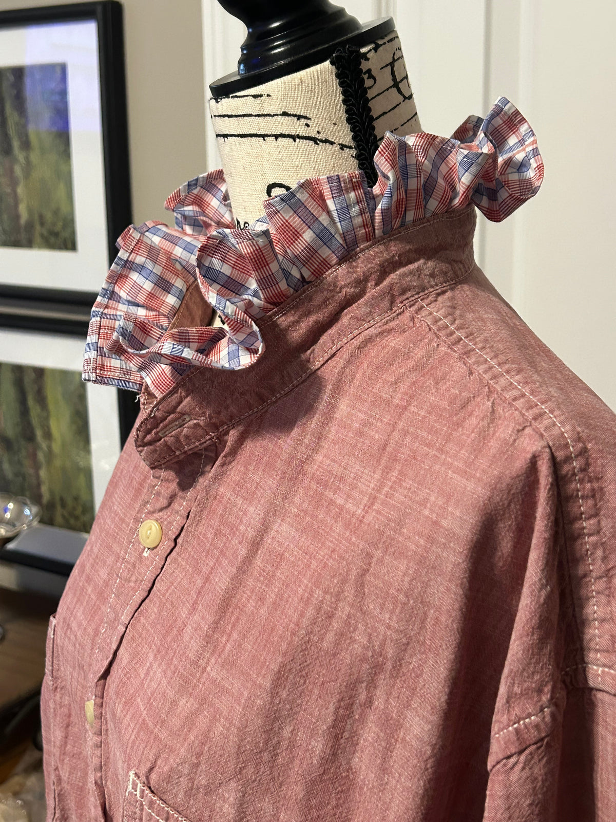 Ladies Up-Cycled Foundry Red Denim like material with a Ruffled Plaid Collar. Size XXL