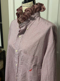 Ladies Up-Cycled Nautica Red and Navy Blue Plaid Shirt with a Ruffled Red Collar. Size XL