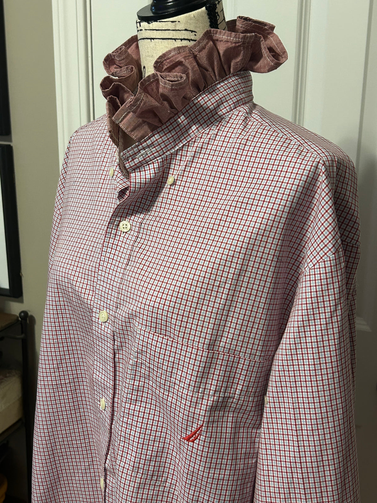 Ladies Up-Cycled Nautica Red and Navy Blue Plaid Shirt with a Ruffled Red Collar. Size XL