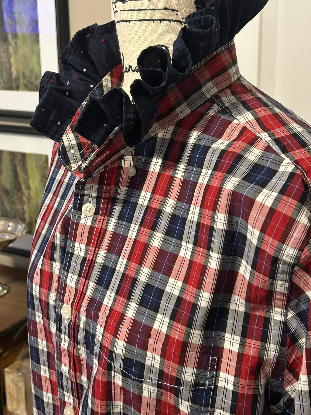 Ladies Up-Cycled Gap Red and Navy Blue Plaid Shirt with a Ruffled Navy Blue Collar with Blips of Red and White Colors. Size L