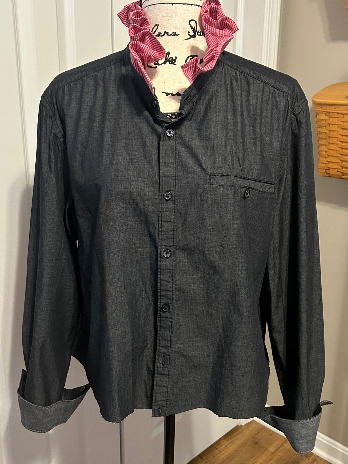 Ladies Up-Cycled Kenneth Cole Dark Denim Shirt with Red Plaid Ruffles Collar. Size XL