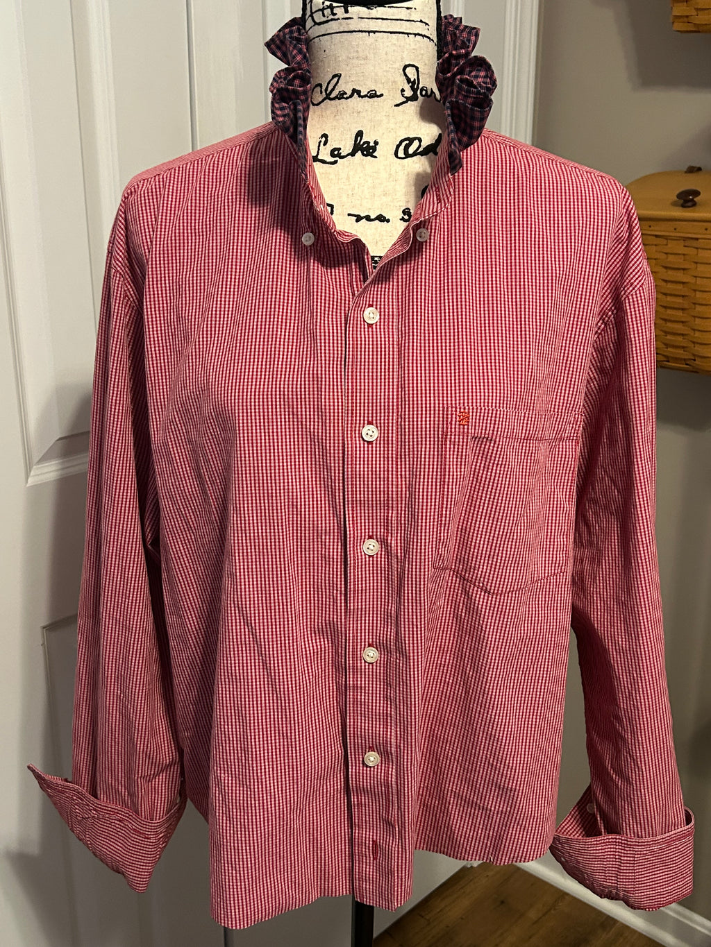 Ladies Up-Cycled Izod Red Checked Shirt with a Red and Blue Ruffled Collar. Size LG