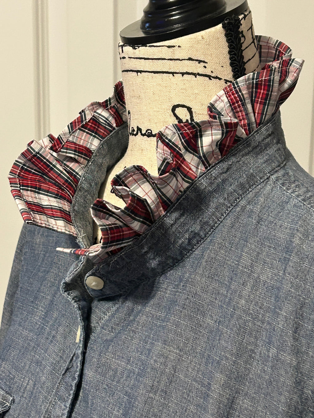 Ladies Up-Cycled J Crew Denim Shirt and a Plaid Ruffled Collar . Size Lg