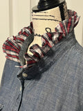 Ladies Up-Cycled J Crew Denim Shirt and a Plaid Ruffled Collar . Size Lg