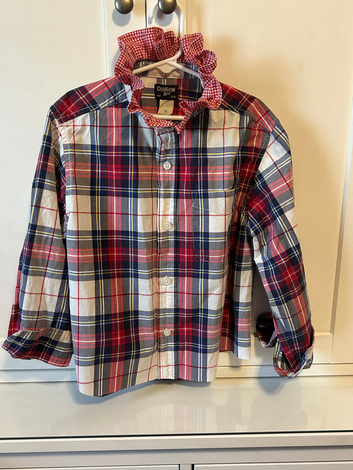 Little Girls Up-Cycled OshKosh Blue & White Plaid Shirt with Red Checked Ruffled collar. Size 7x