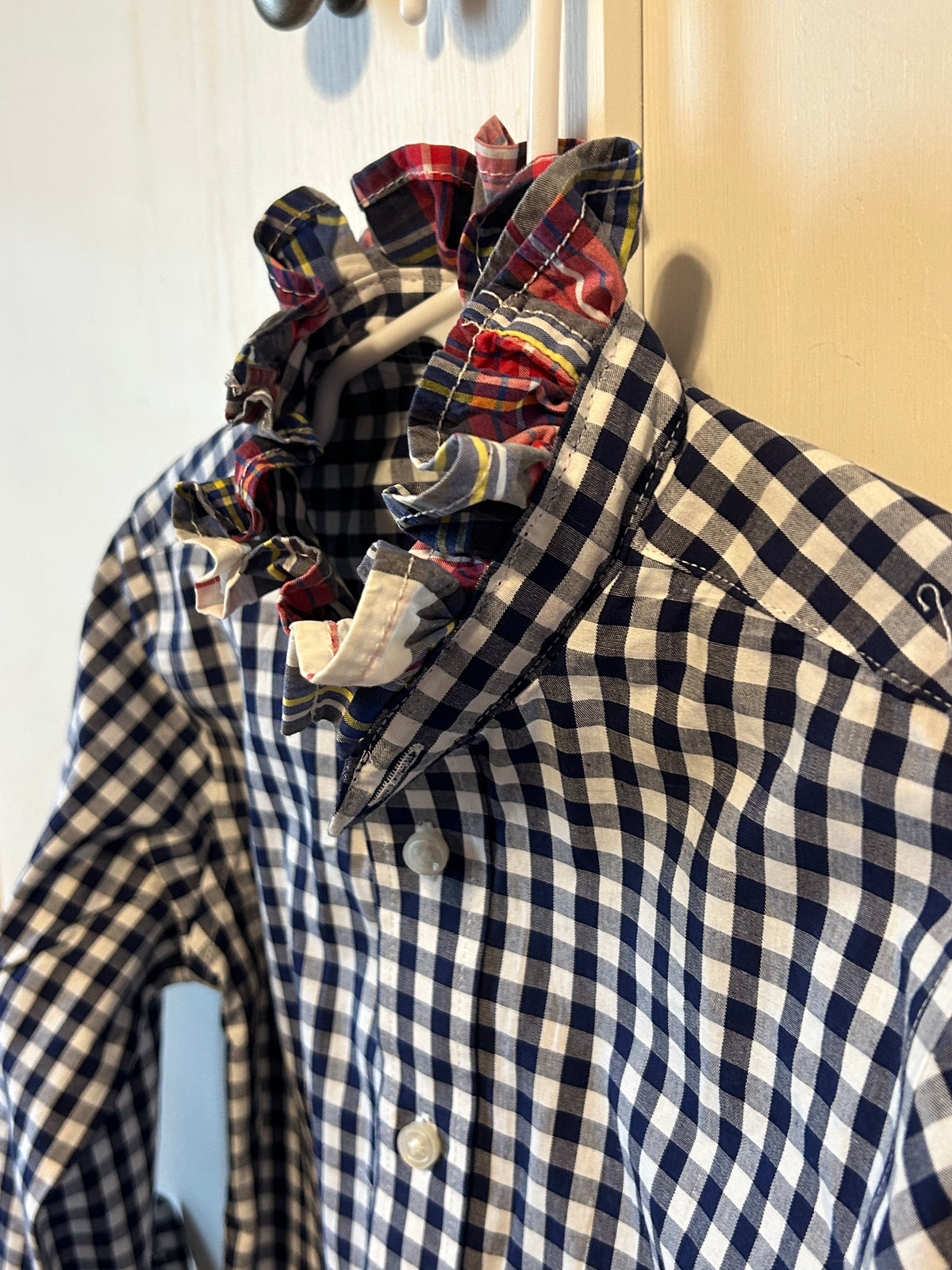 Little Girls Up-Cycled Ludlow Crewcuts Navy Blue & White Plaid Shirt with Plaid Ruffled collar. Size 10