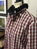 Ladies Up-Cycled Nick Graham Navy Blue, Red and White Checked Shirt with a Navy Blue Ruffled Collar. Size L