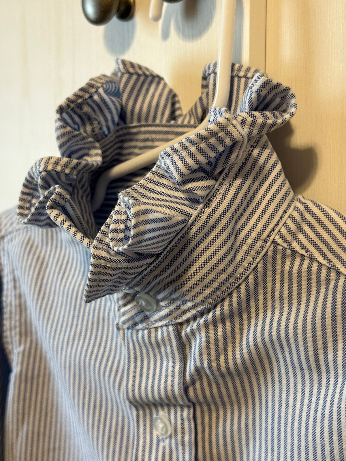 Little Girls Up-Cycled Arrow Light Blue Striped Shirt with MatchingRuffled collar. Size 4