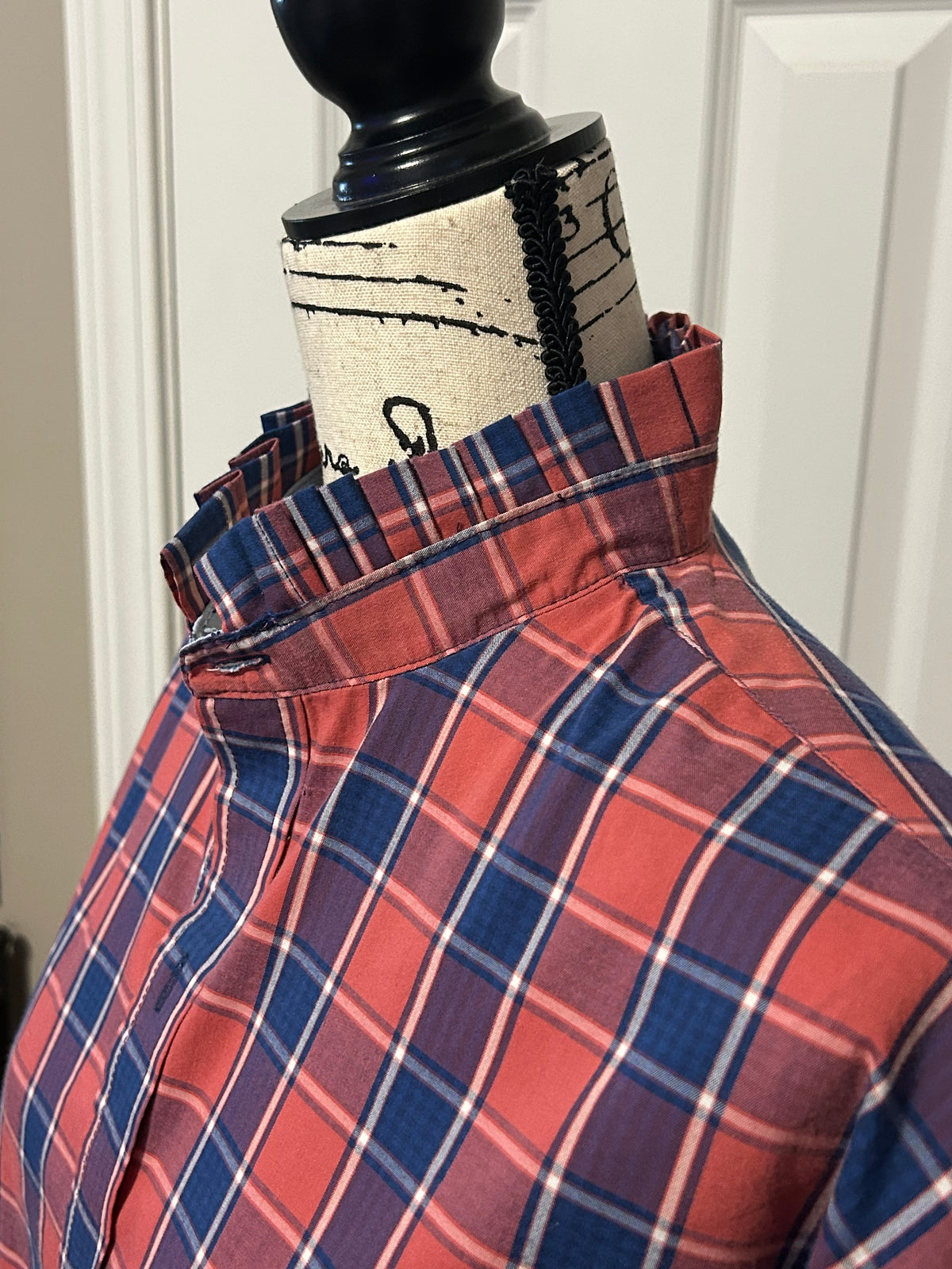 Ladies Up-Cycled Izod Blue & Red Plaid Shirt and a Plaid Ruffled Collar. Size Lg