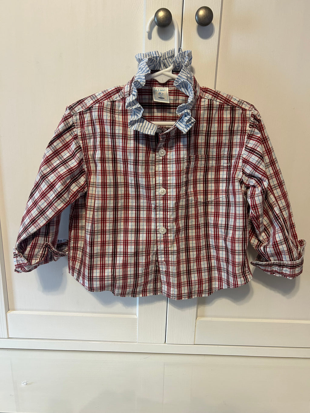 Little Girls Up-Cycled Old Navy Blue & White Plaid Shirt with Light Blue Striped Ruffled collar. Size 4T