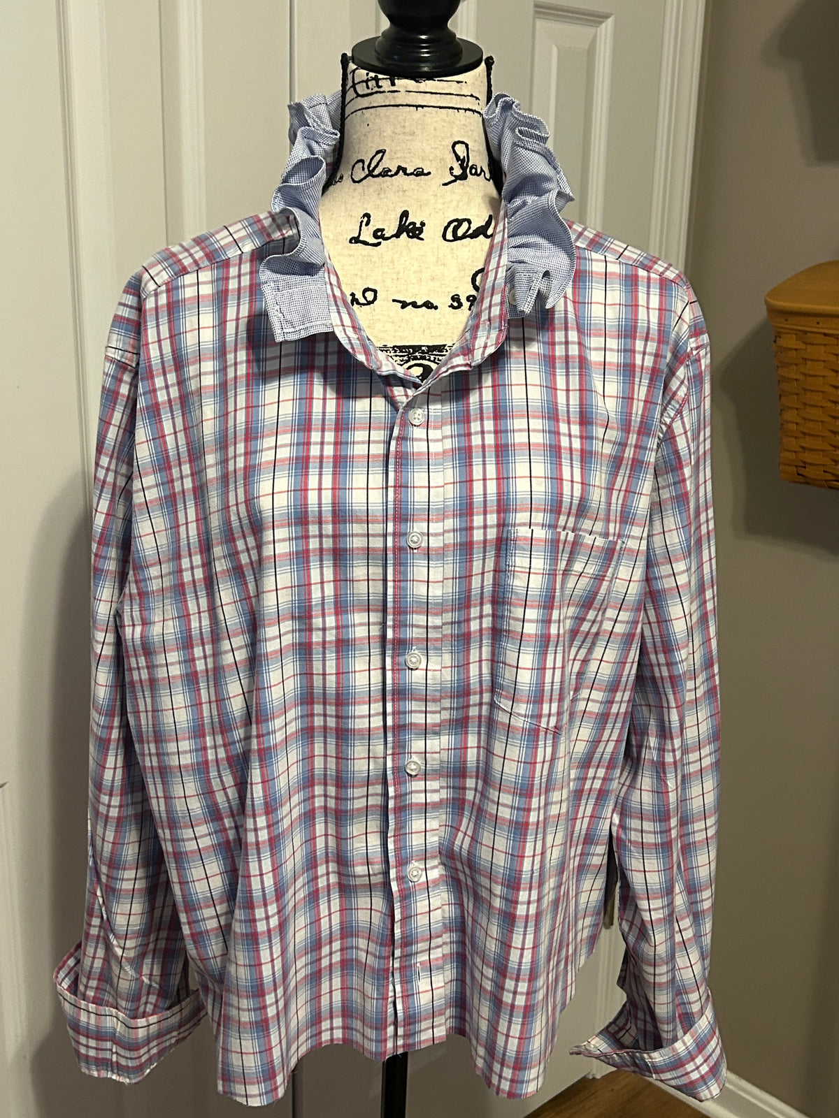 Ladies Up-Cycled Blue Plaid Shirt and a Light Blue Ruffled Collar. Size XXL
