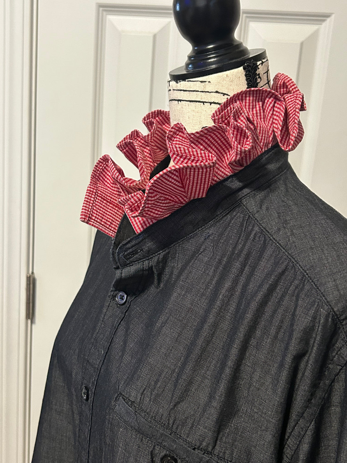 Ladies Up-Cycled Kenneth Cole Dark Denim Shirt with Red Plaid Ruffles Collar. Size XL
