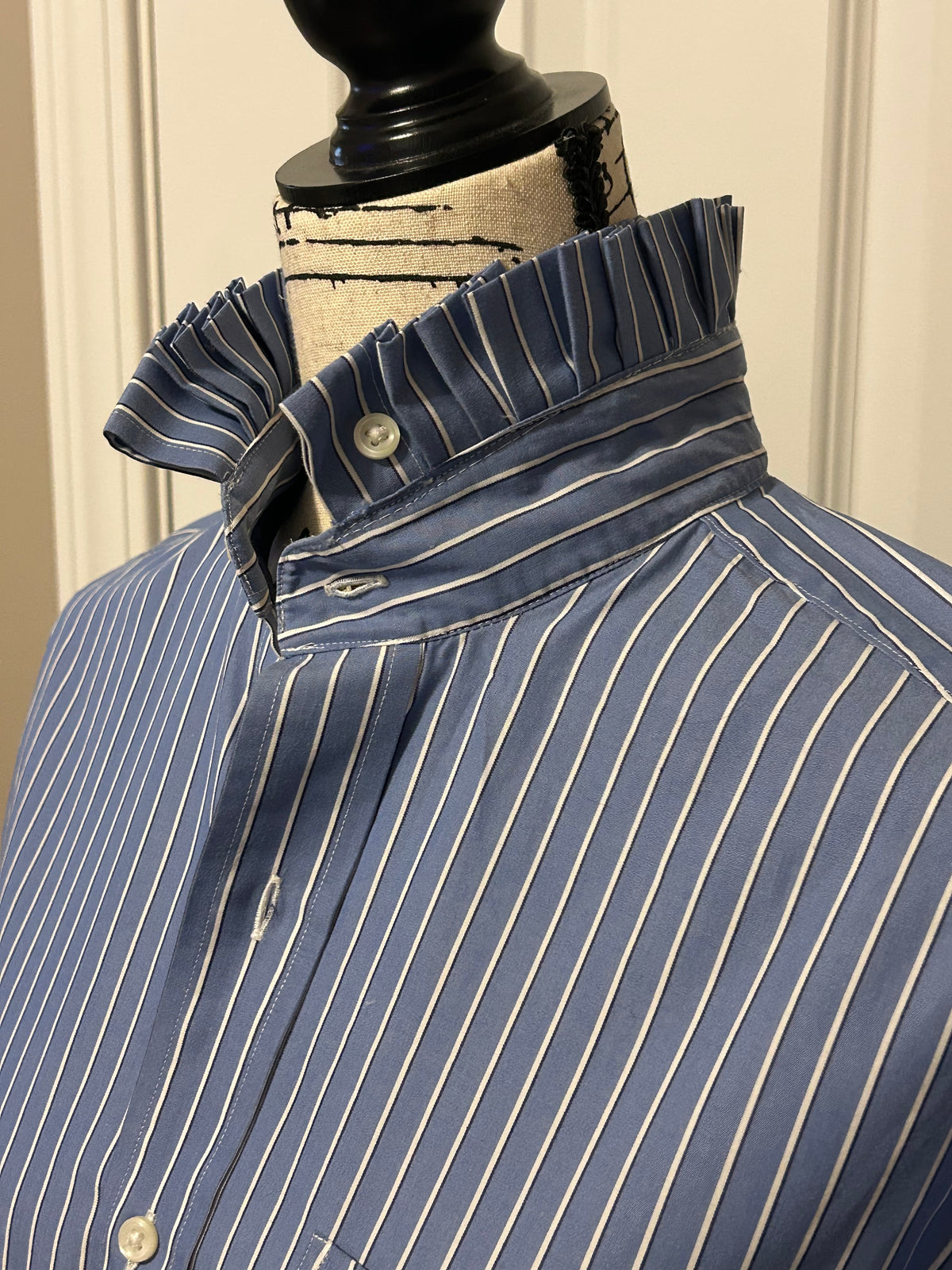 Ladies Up-Cycled Ralph Lauren Shirt Red Blue and White Striped Shirt with a Pleated Collar. Size L