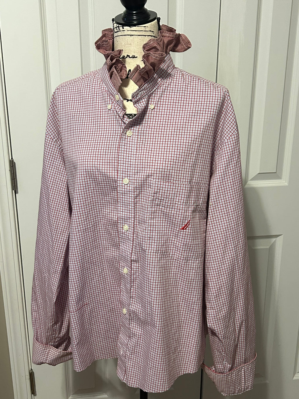 Ladies Up-Cycled Nautica Red and Navy Blue Plaid Shirt with a Ruffled Red Collar. Size XL