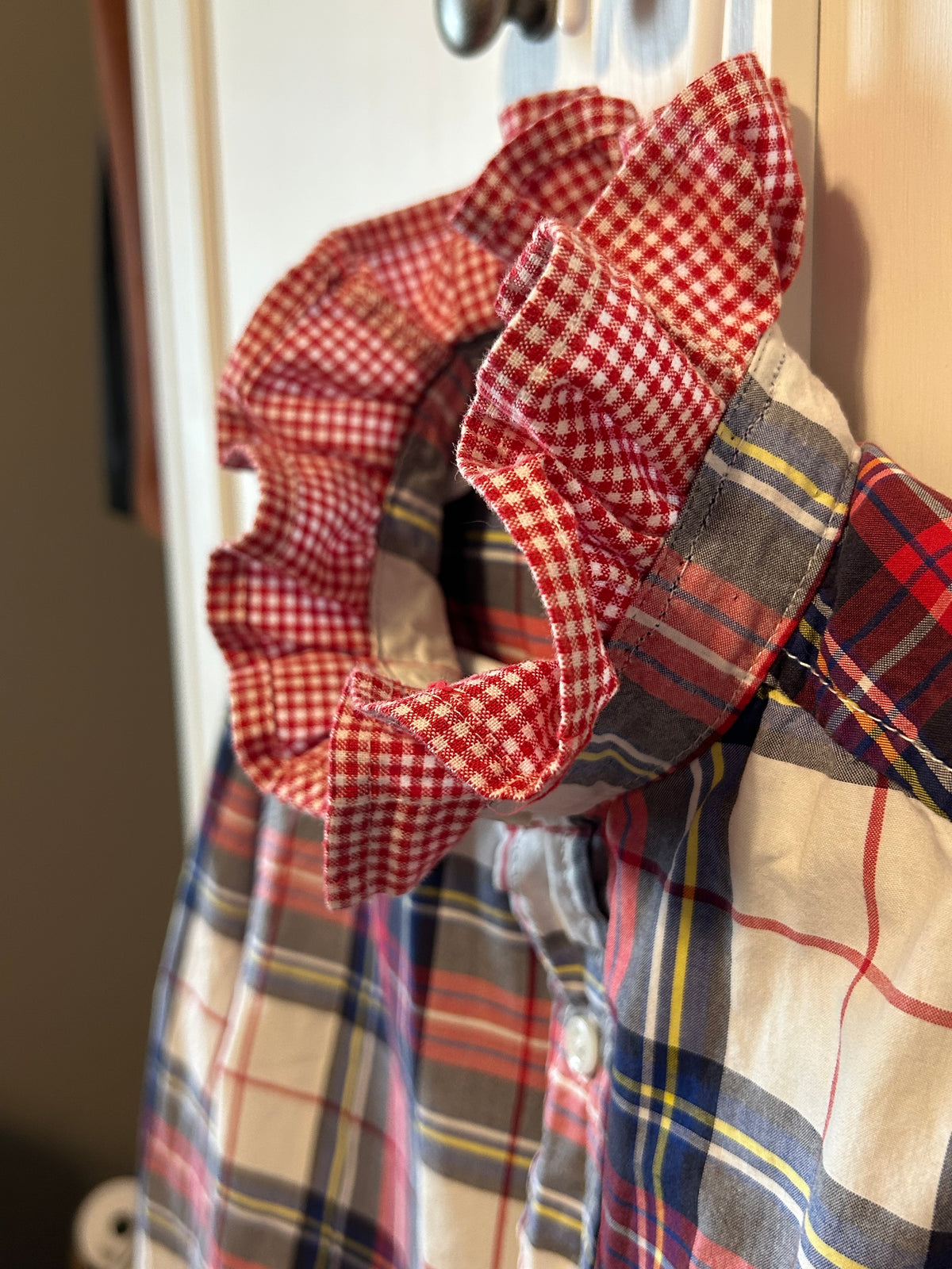 Little Girls Up-Cycled OshKosh Blue & White Plaid Shirt with Red Checked Ruffled collar. Size 7x