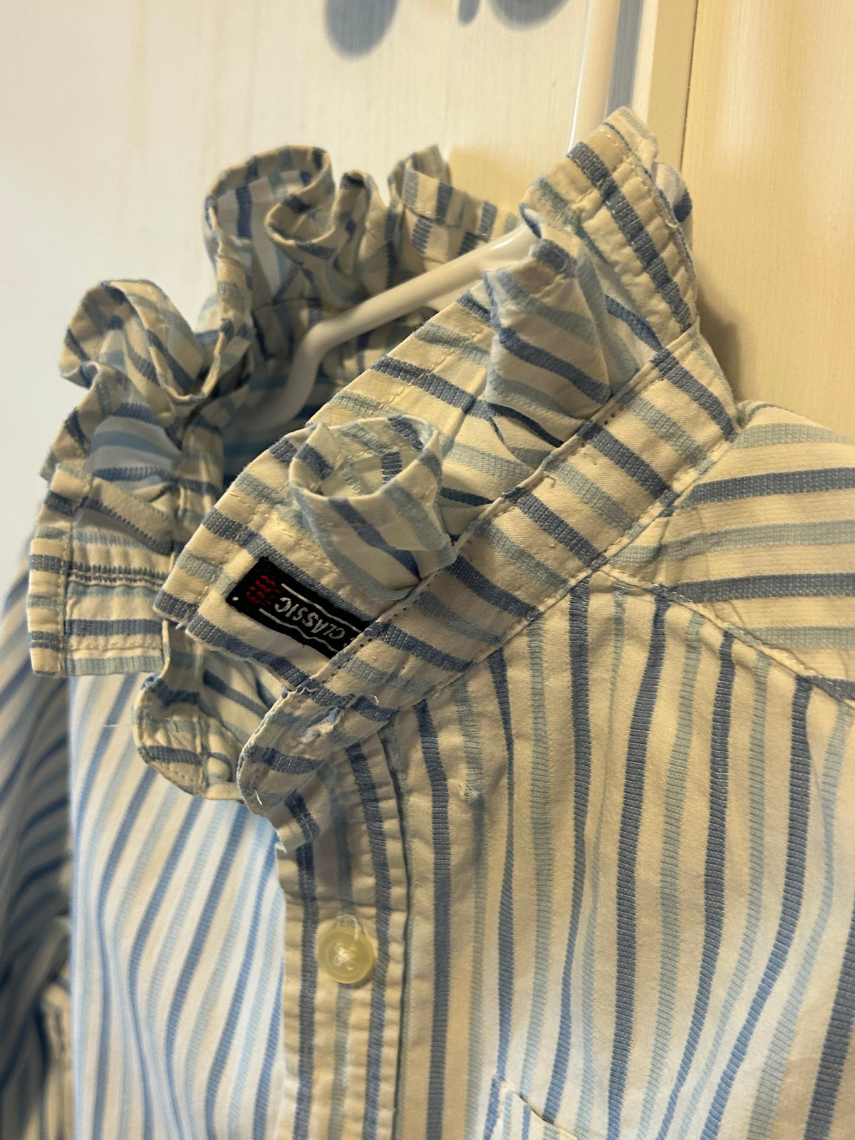 Little Girls Up-Cycled Childrens Place Light Blue Stripped shirt with matching Ruffled collar. Size S
