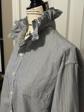 Ladies Up-Cycled Gap Dark Navy Blue and White striped Shirt with Ruffled Collar. Size XXL