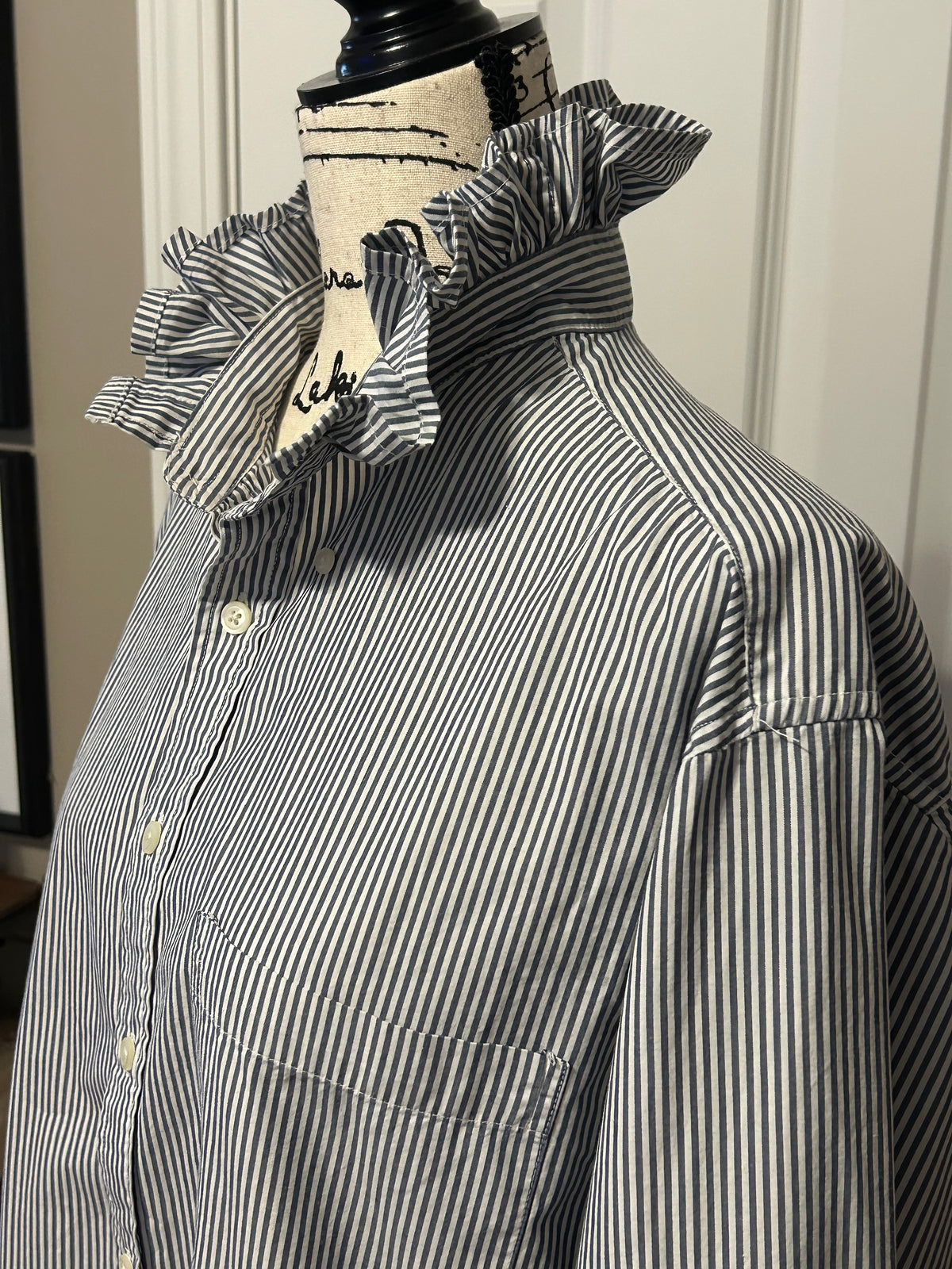 Ladies Up-Cycled Gap Dark Navy Blue and White striped Shirt with Ruffled Collar. Size XXL