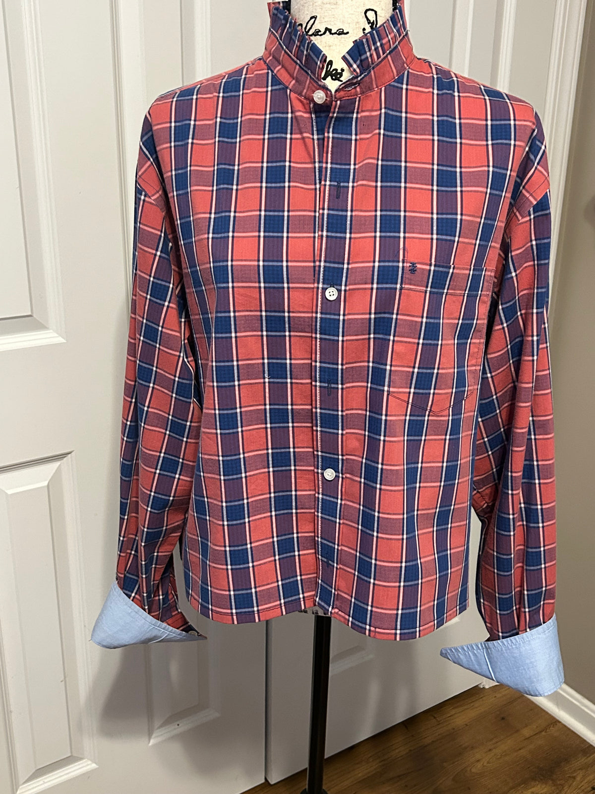 Ladies Up-Cycled Izod Blue & Red Plaid Shirt and a Plaid Ruffled Collar. Size Lg