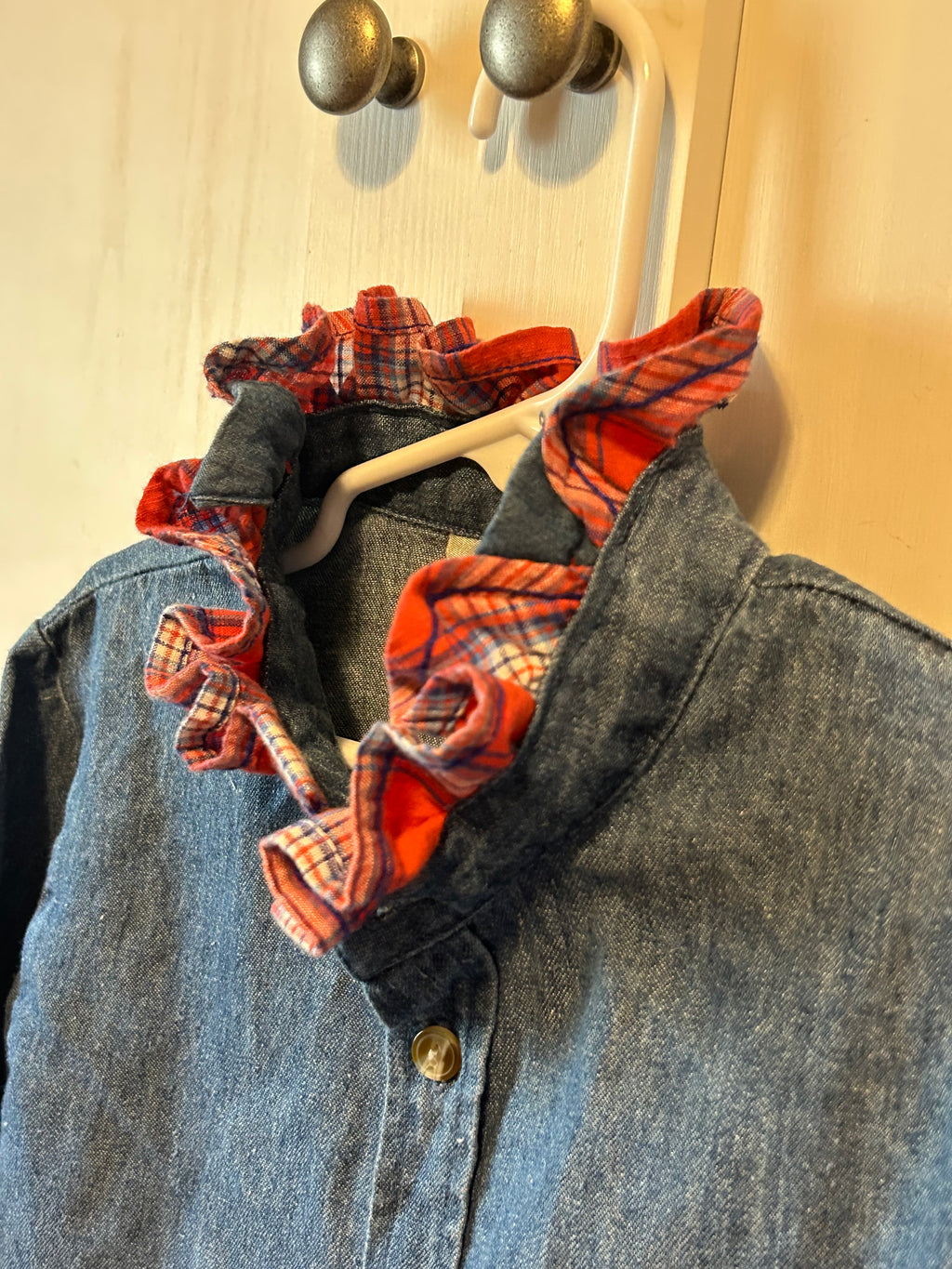 Little Girls Up-Cycled BT Kids Denim Shirt with Plaid Ruffled collar. Size 7