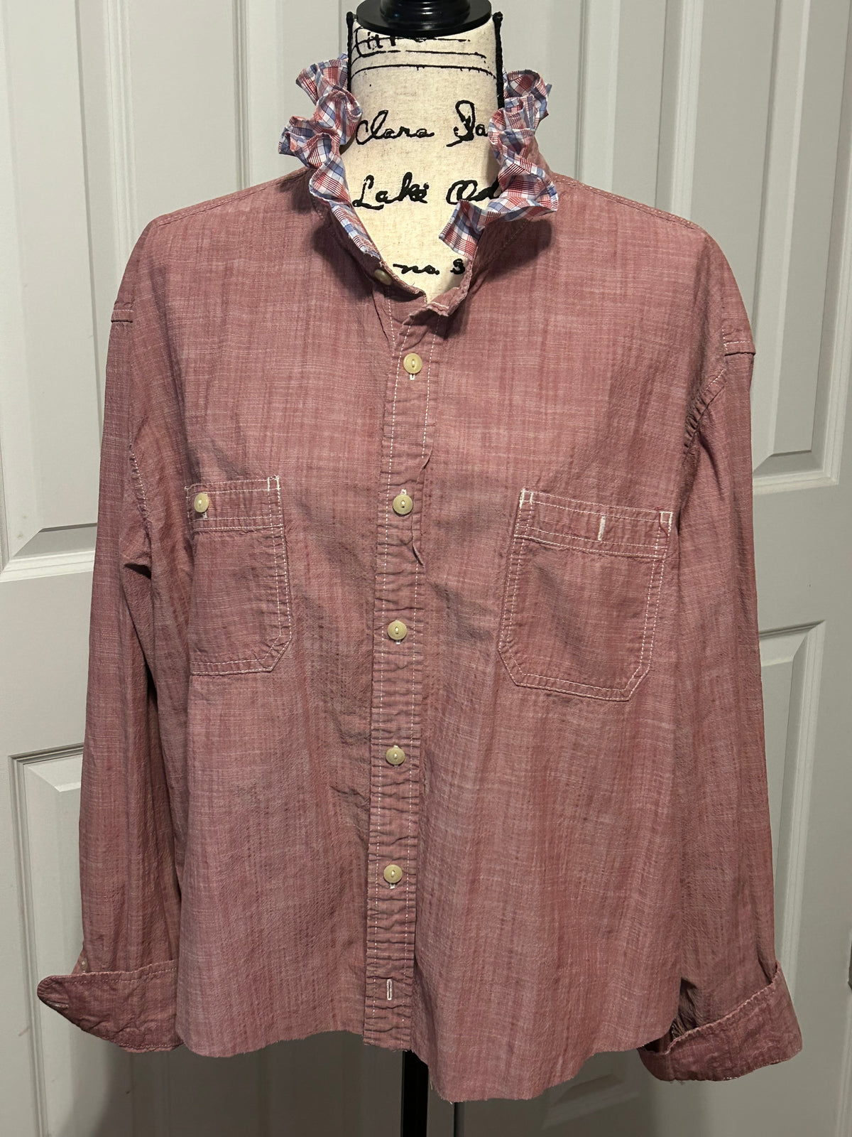 Ladies Up-Cycled Foundry Red Denim like material with a Ruffled Plaid Collar. Size XXL