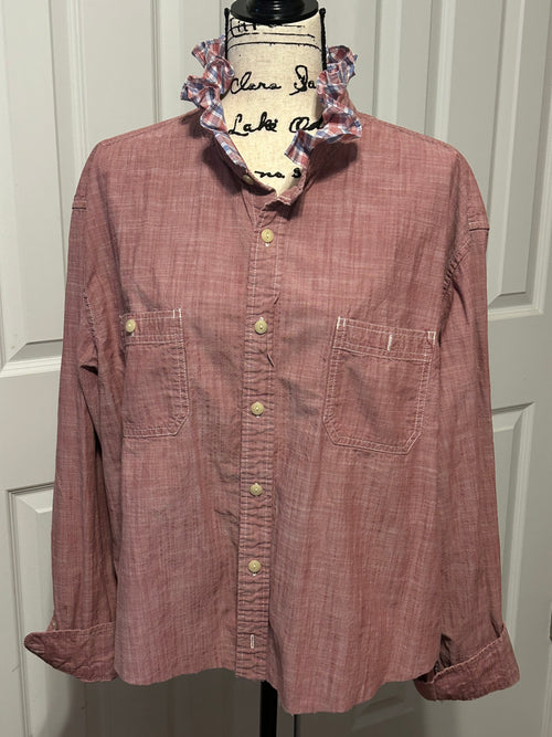 Ladies Up-Cycled Foundry Red Denim like material with a Ruffled Plaid Collar. Size XXL