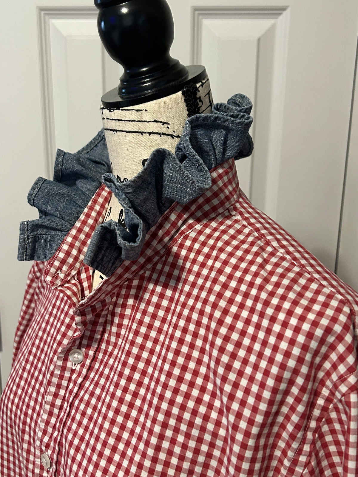 Ladies Up-Cycled Good Threads Red Plaid Shirt with Denim Ruffled Collar. Size Lg