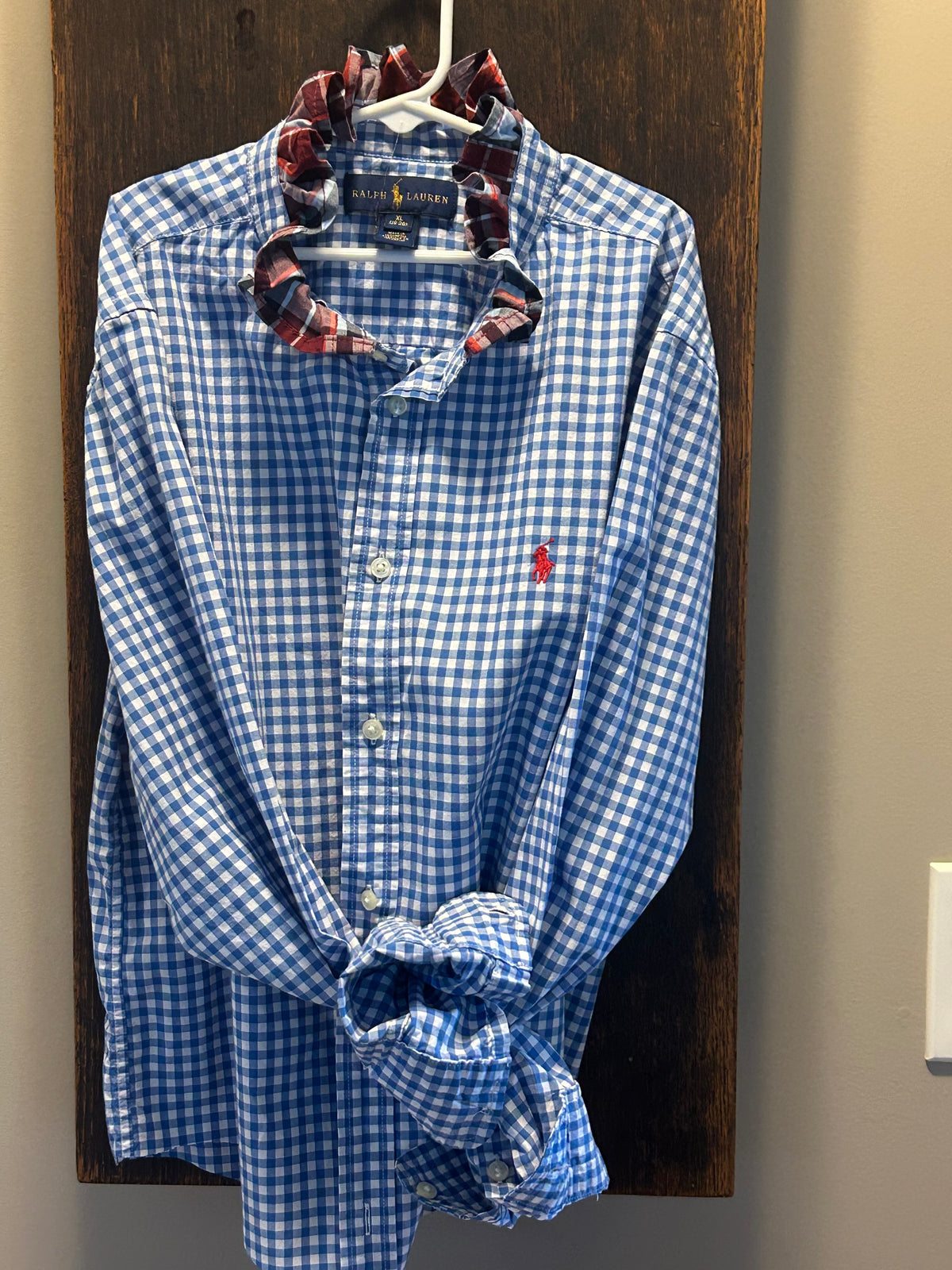 Little Girls Up-Cycled Ralph Lauren Blue and White Checked with a Plaid Ruffle Collar.