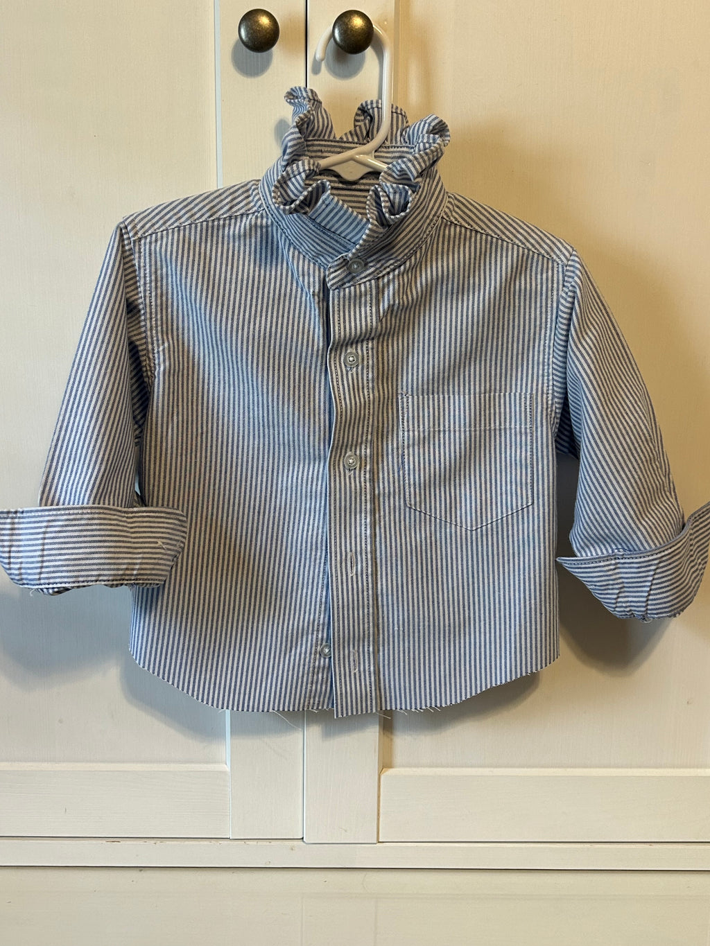 Little Girls Up-Cycled Arrow Light Blue Striped Shirt with MatchingRuffled collar. Size 4