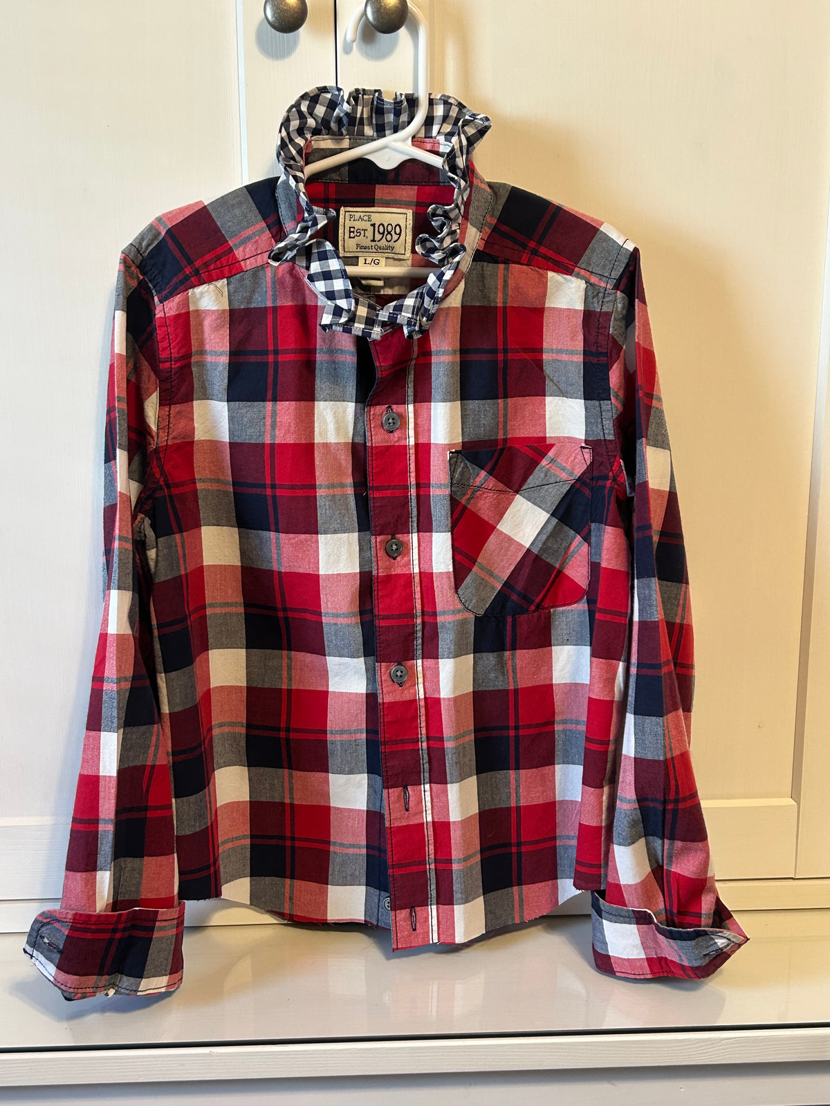 Little Girls Up-Cycled Children's Place Red Plaid Shirt with Blue and White Checked Ruffled collar. Size 7