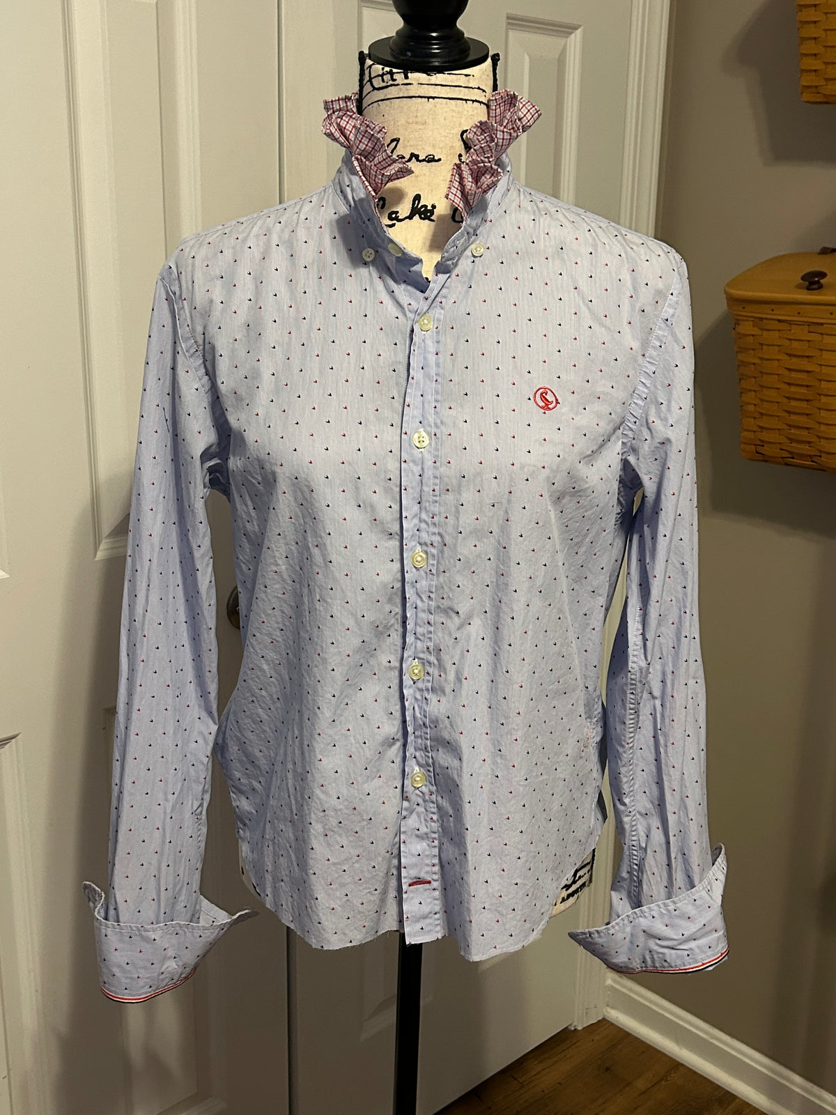 Ladies Up-Cycled El Ganso Light Blue Shirt with Navy Blue and Red Blips of color and a Plaid Ruffled Collar. Size S