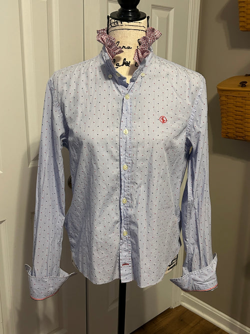 Ladies Up-Cycled El Ganso Light Blue Shirt with Navy Blue and Red Blips of color and a Plaid Ruffled Collar. Size S
