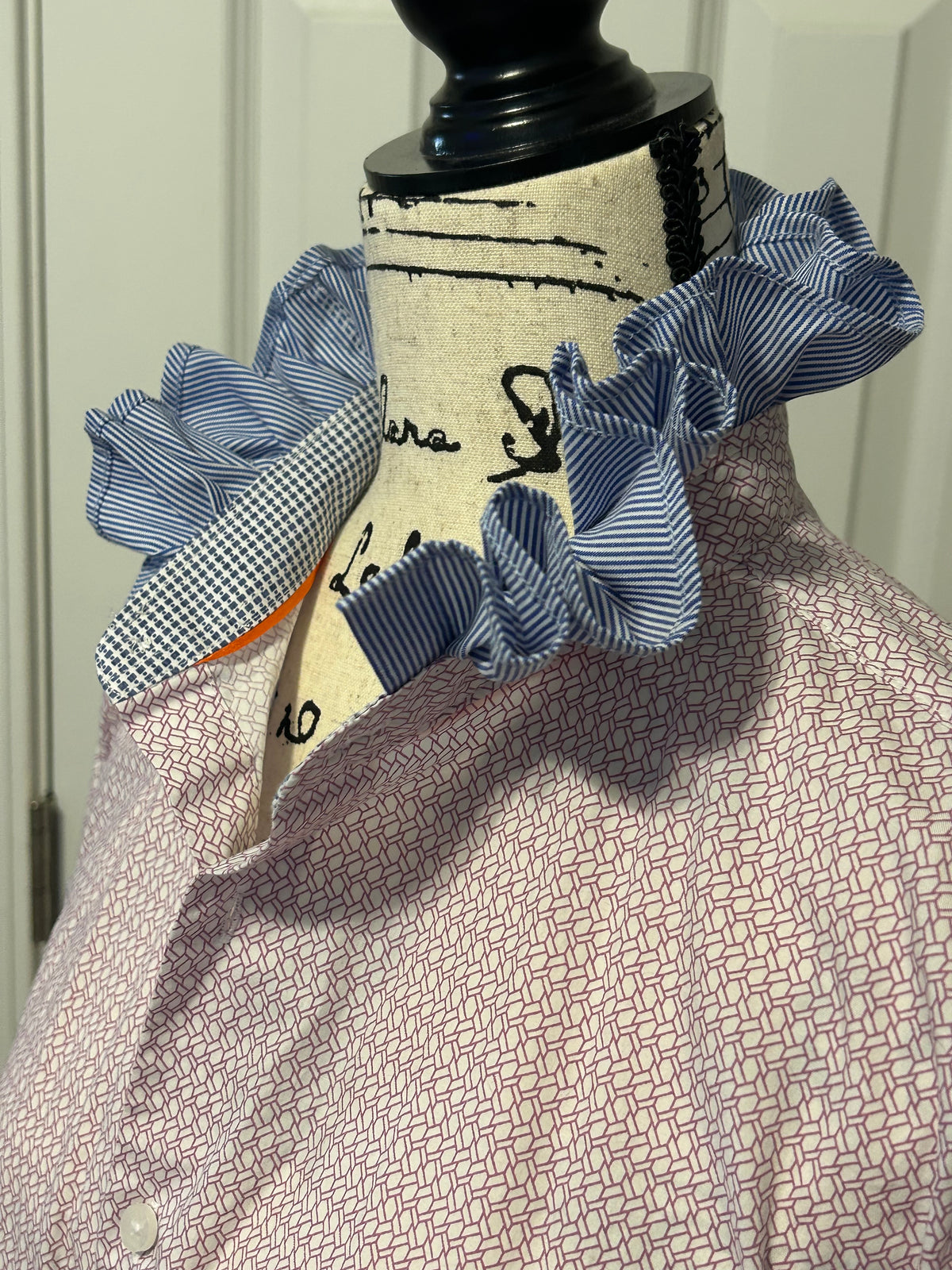 Ladies Up-Cycled Tallia Red Design Shirt with Blue Stripe Ruffles Collar. Size Lg