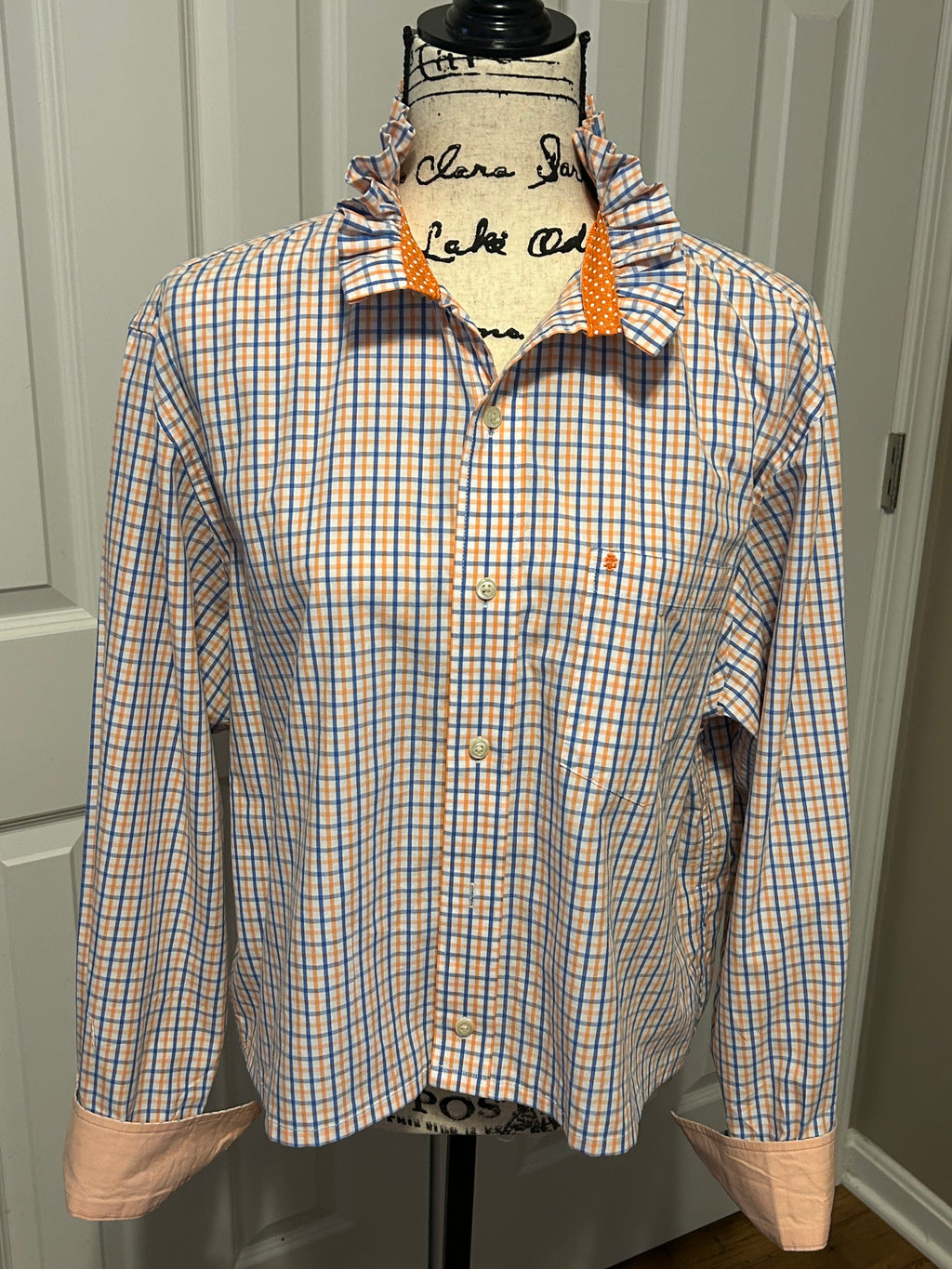 Ladies Up-Cycled Izod Orange/ Blue Plaid Shirt and a Plaid Ruffled Collar. Size M