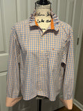 Ladies Up-Cycled Izod Orange/ Blue Plaid Shirt and a Plaid Ruffled Collar. Size M