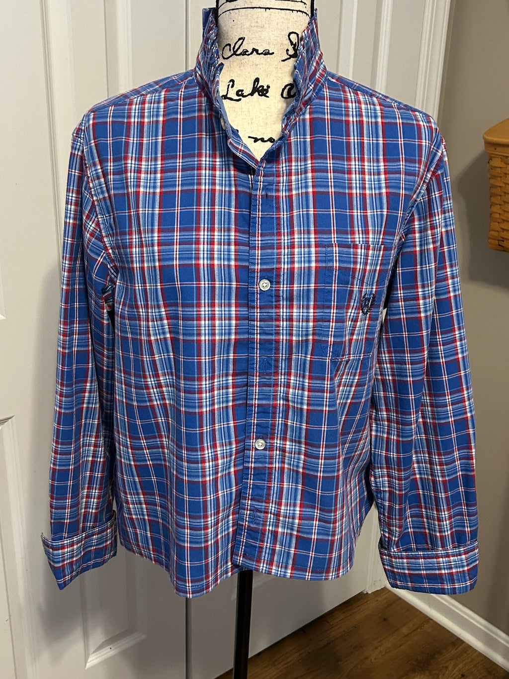 Ladies Up-Cycled Chaps Blue & Red Plaid Shirt and a Plaid Ruffled Collar. Size M