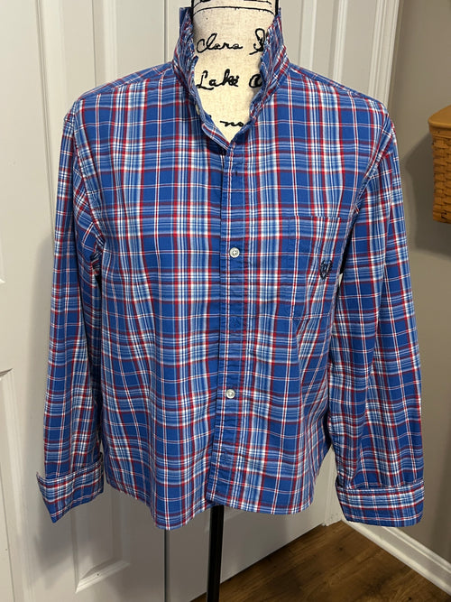 Ladies Up-Cycled Chaps Blue & Red Plaid Shirt and a Plaid Ruffled Collar. Size M