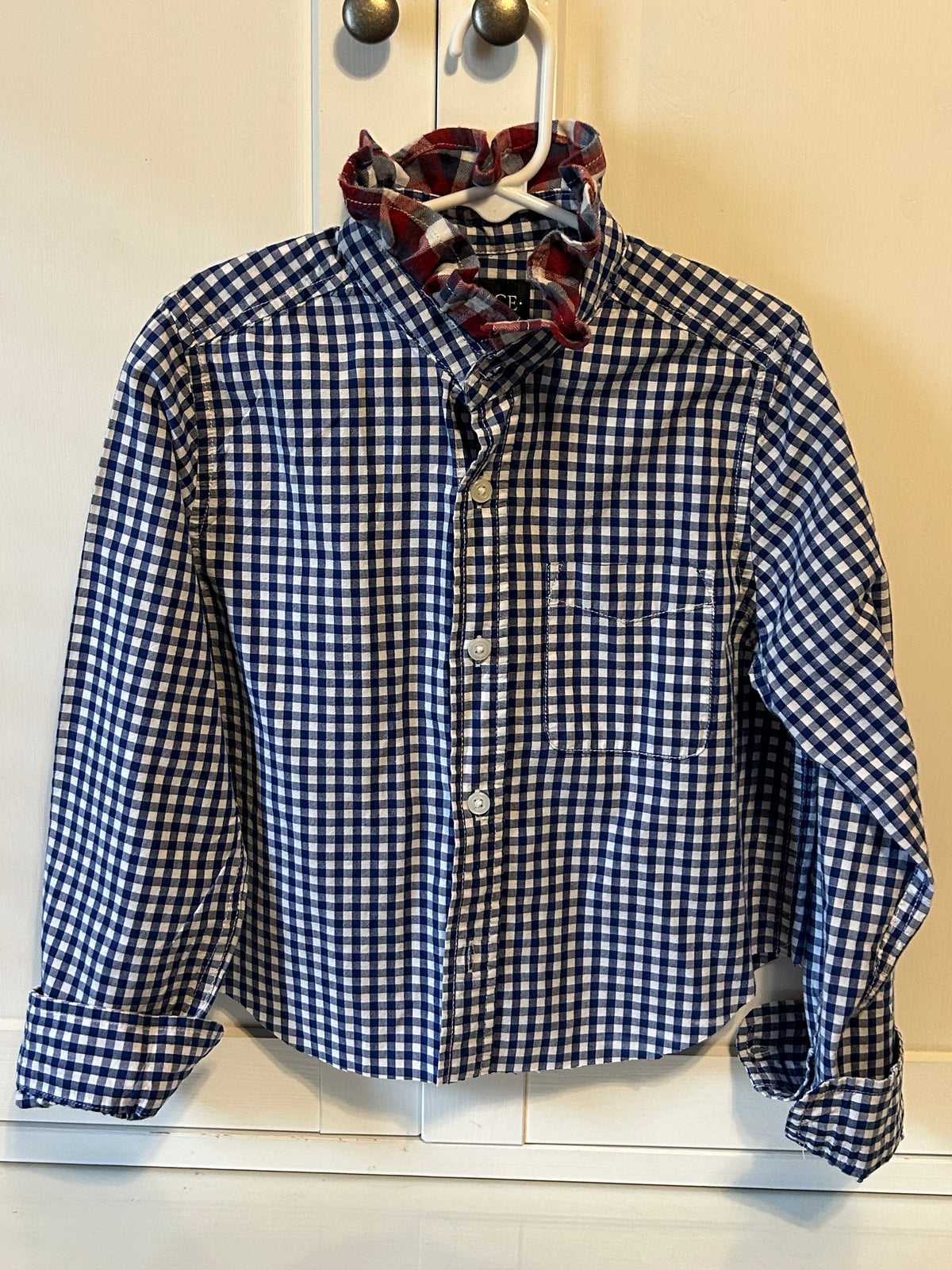Little Girls Up-Cycled Childrens Place Navy Blue White Plaid Shirt with Red and Blue Plaid Ruffled collar. Size S