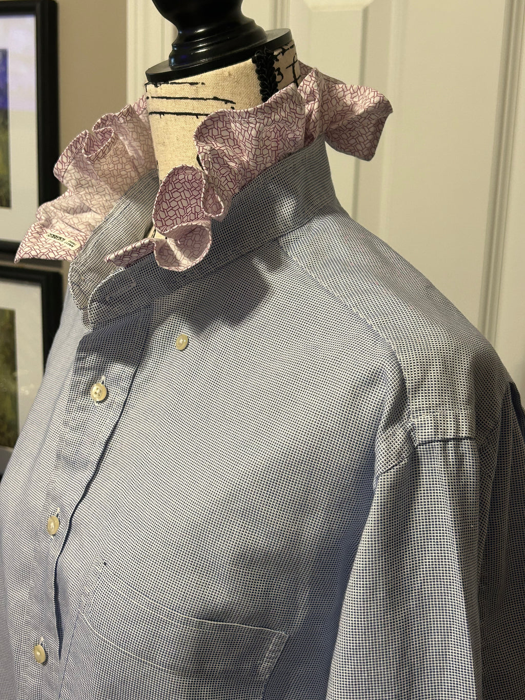 Ladies Up-Cycled Light Blue Checked Shirt with Red Ruffled Collar. Size L