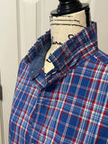 Ladies Up-Cycled Chaps Blue & Red Plaid Shirt and a Plaid Ruffled Collar. Size M