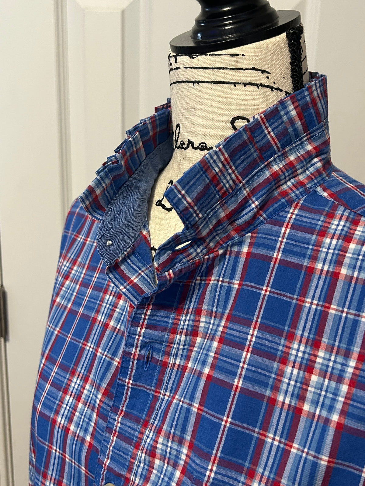 Ladies Up-Cycled Chaps Blue & Red Plaid Shirt and a Plaid Ruffled Collar. Size M