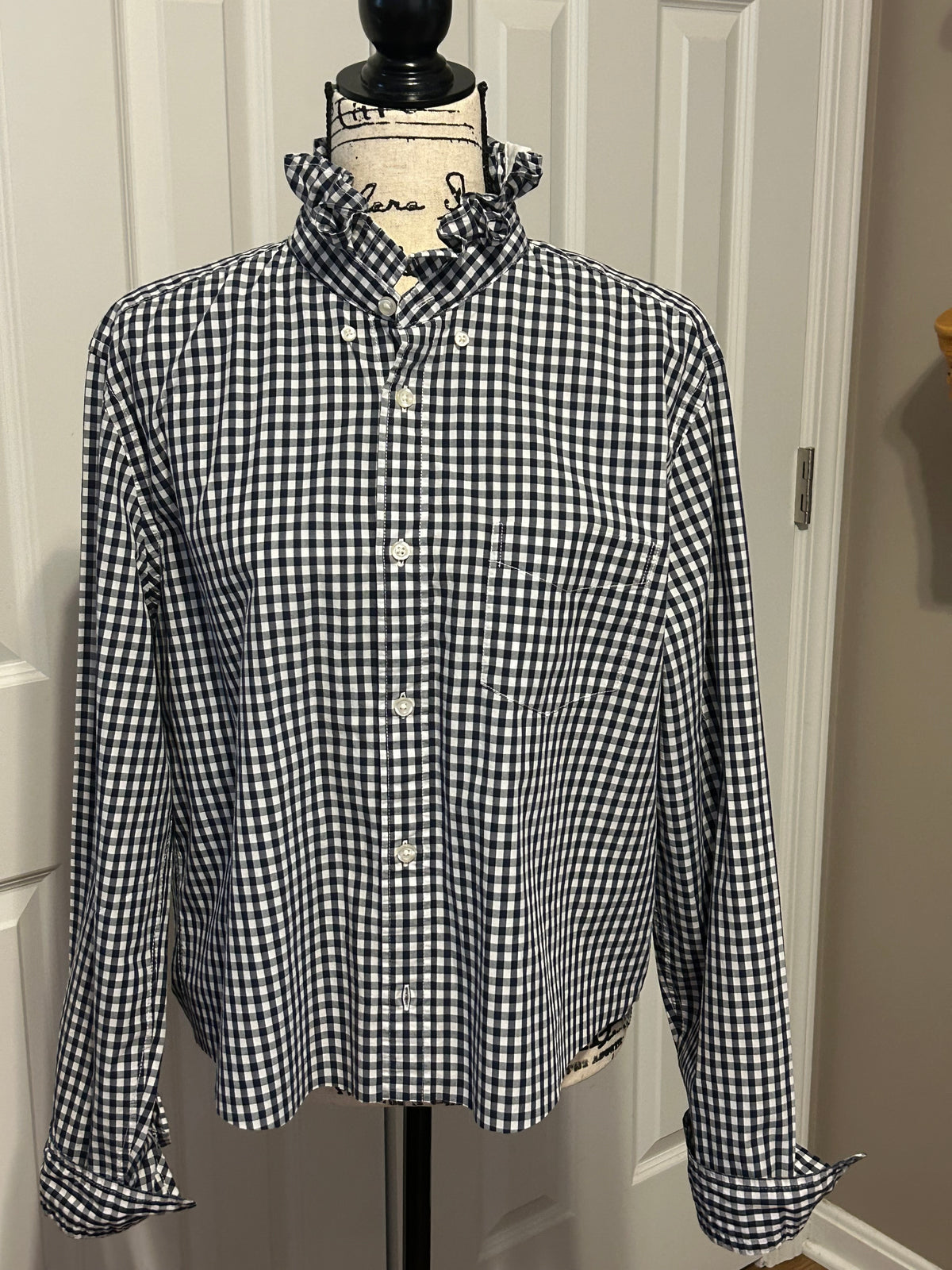 Ladies Up-Cycled Gap Navy Blue and White Checked Shirt with a Ruffled Collar. Size L