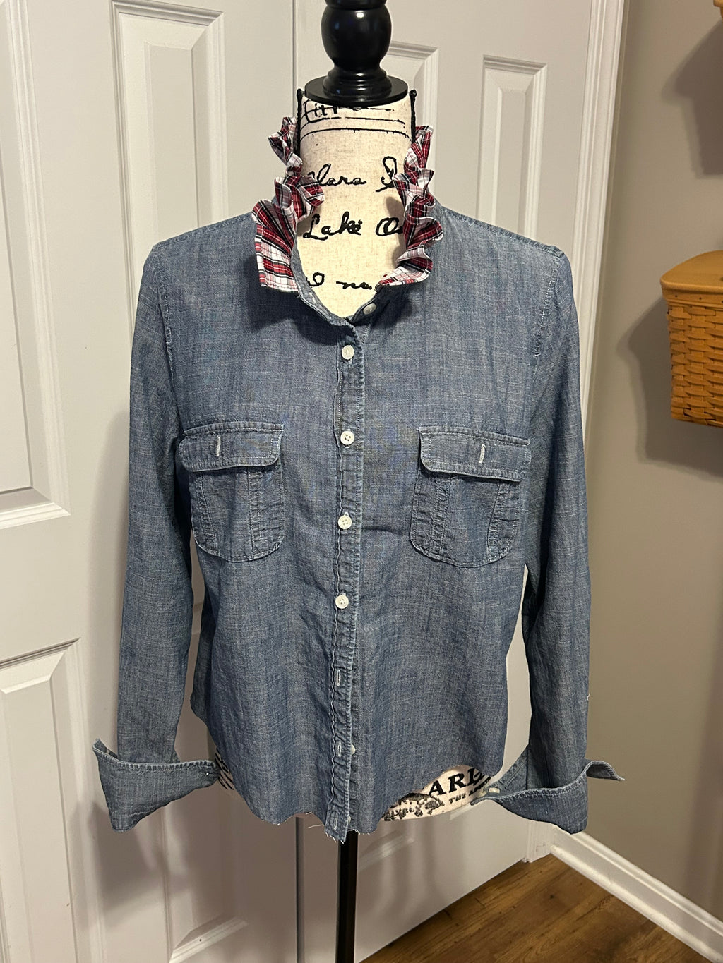 Ladies Up-Cycled J Crew Denim Shirt and a Plaid Ruffled Collar . Size Lg