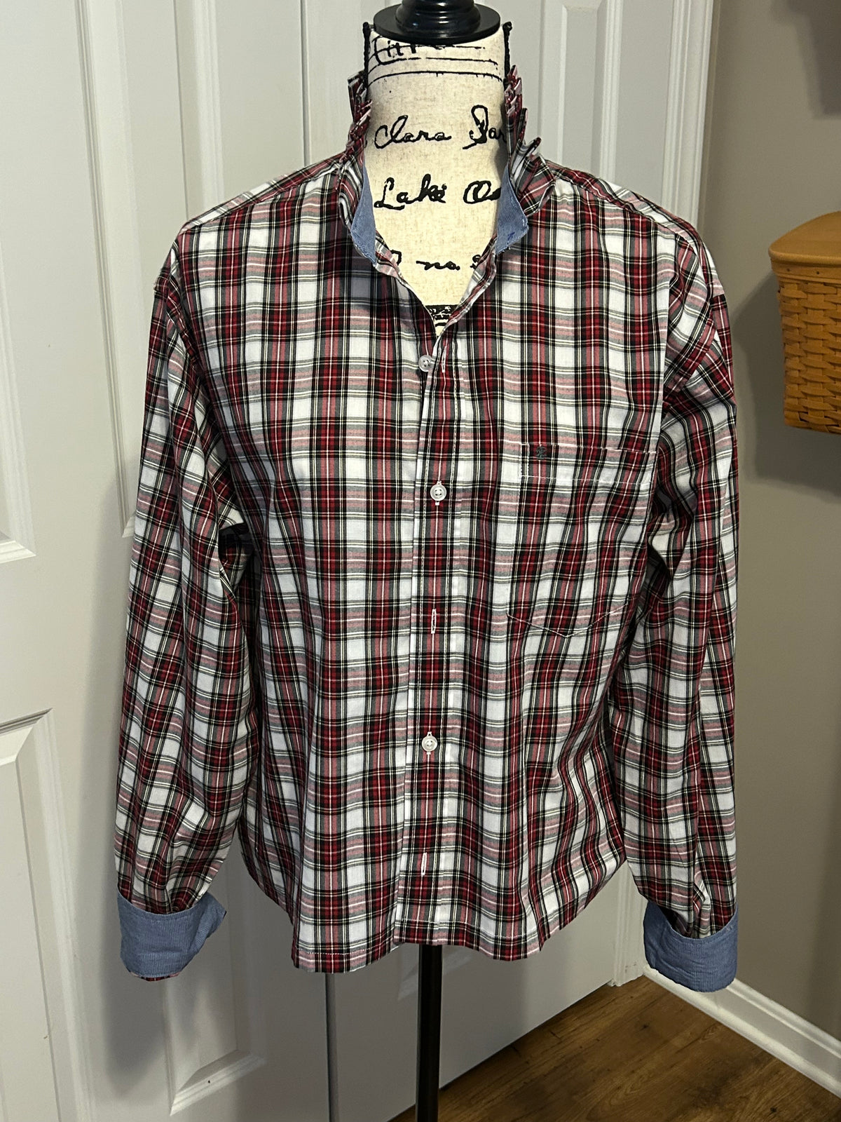 Ladies Up-Cycled Izod Blue & Red Plaid Shirt and a Plaid Ruffled Collar. Size Lg